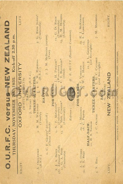 1935 Oxford University v New Zealand  Rugby Programme